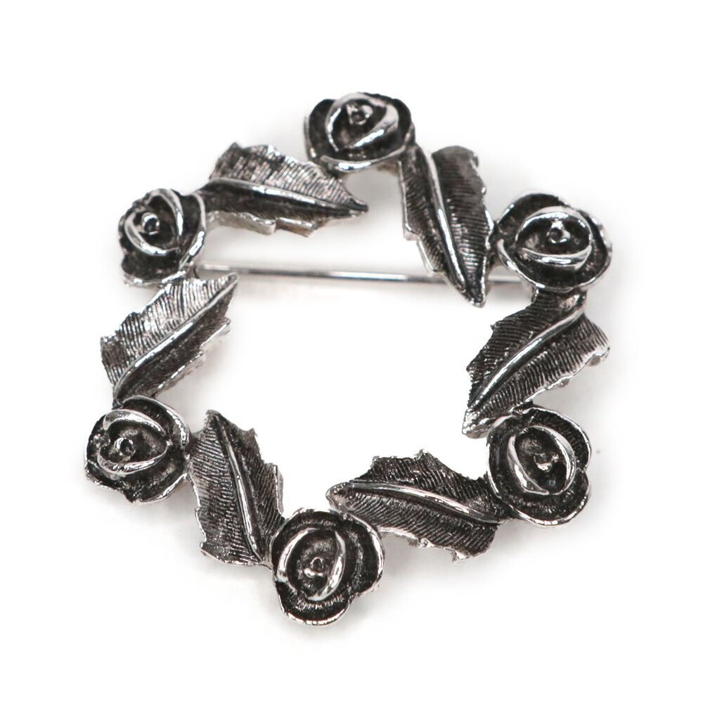 Vintage Sarah Coventry Silver Tone Black Rose Wreath Brooch Pin 80s Jewelry